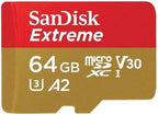 SanDisk Extreme 64GB V30 A2 microSDXC Memory Card for DJI Drones Works with Mini 3 Pro, Mini 3, DJI RC (SDSQXA2-064G-GN6MN) Class 10 Bundle with (1) Everything But Stromboli Micro SD Card Reader