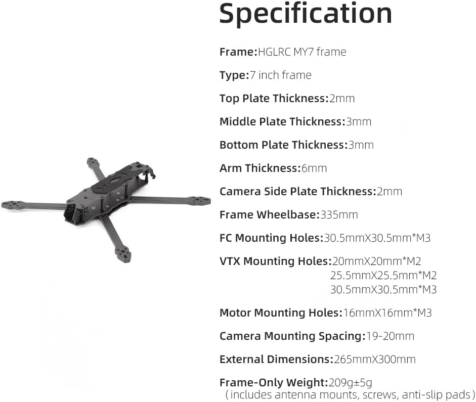 HGLRC 335mm 7 inch FPV Racing Drone Frame Carbon Fiber for FPV Long Range Freestyle Training Quadcopter with Lipo Battery Strap