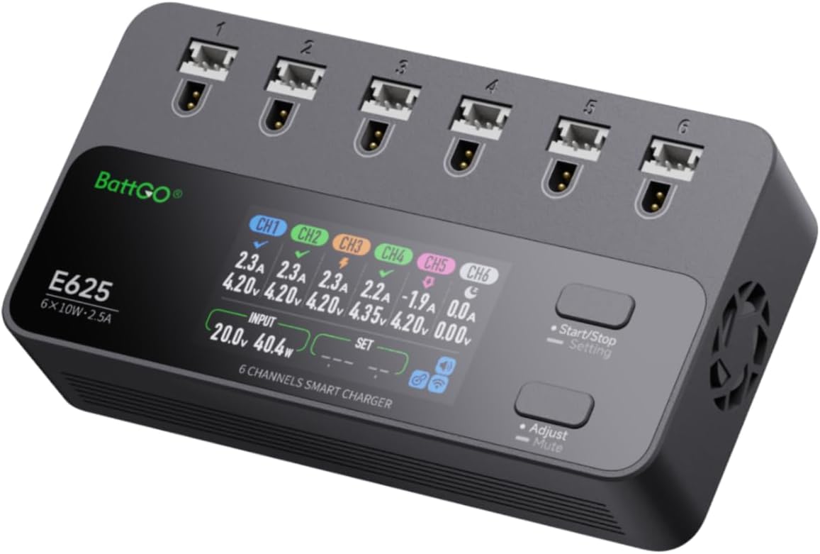 ISDT E625 6-Channel 1S LiHV/LiPo Battery IPS Screen Smart Charger/Discharger, Type-C/XT60 PD Powered with BT2.0/PH2.0 Ports, Features 4.35V 2.5A Fast Charging for Tiny Whoop FPV Drones RC Batteries