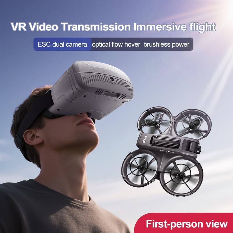 VR FPV Hobby Drone with VR Goggles, One Key Takeoff/Landing, APP Control, Brushless Motor, Dual Batteries, Beginner-Friendly Quadcopter with Propeller Guards, Altitude Hold, Optical Flow Positioning, Dual Cameras & LED Night Lights, a first-person view