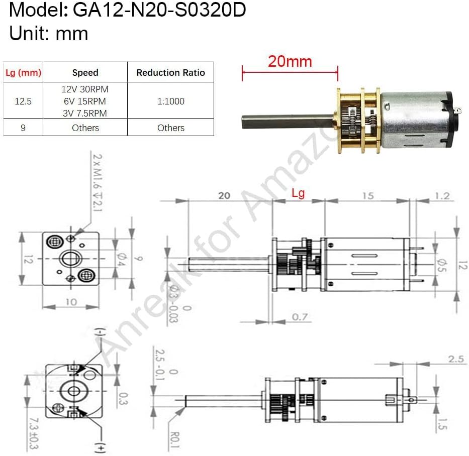 2Pcs DC 12V 1000RPM 20mm Long Shaft GA12 N20 Motor with Metal Gearbox 3-12V 15-4000RPM Electric Motor for RC Cars and Drones (12-1000)