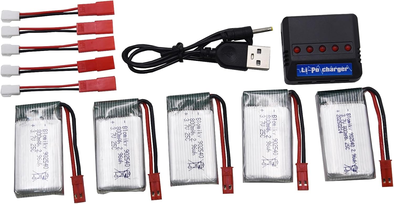 Blomiky 5 Pack 3.7V 800mAh 25C Rechargeable Li-po JST Plug Batteries and 4 in 1 Board Fit for MJX X300C X400W X600 X800 RC Quadcopter Drone / 3.7V 800mAh JST *5
