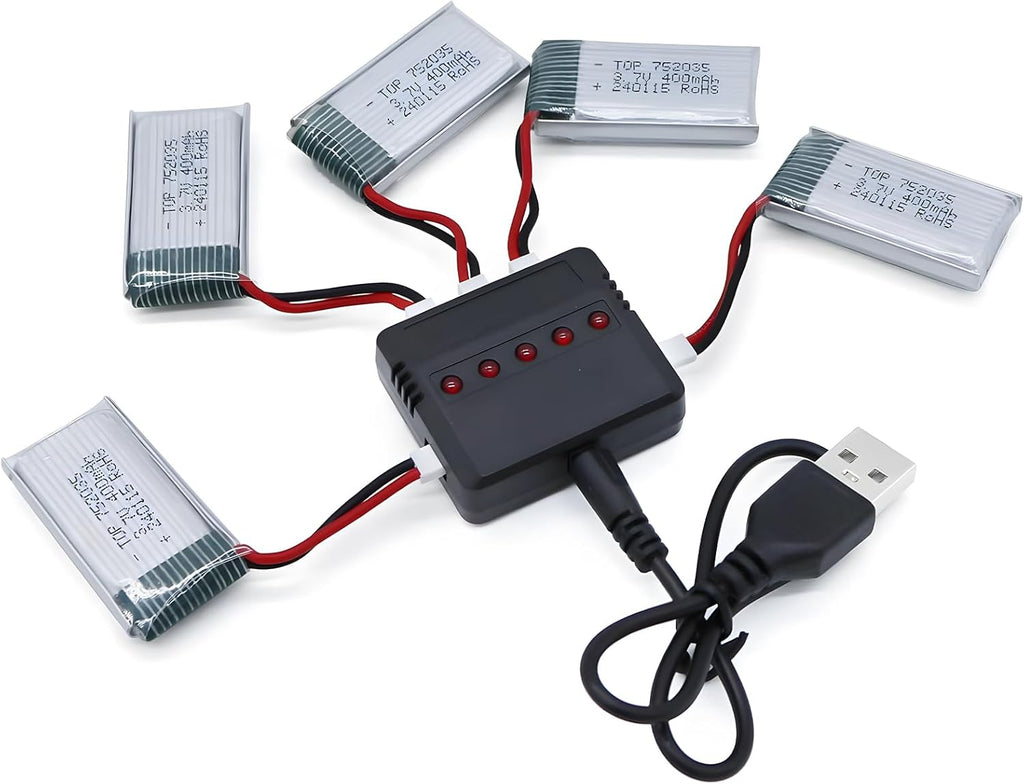 3.7V 400Mah Lipo Battery - 5Pcs Drone Batteries with 5-in-1 USB Charger for Syma Q11 H99W H31 H6C H98 TR-C385 TR-P51 TR-F22 Quadcopter Parts Aircraft Drones Lithium Battery Rechargeable AT-96
