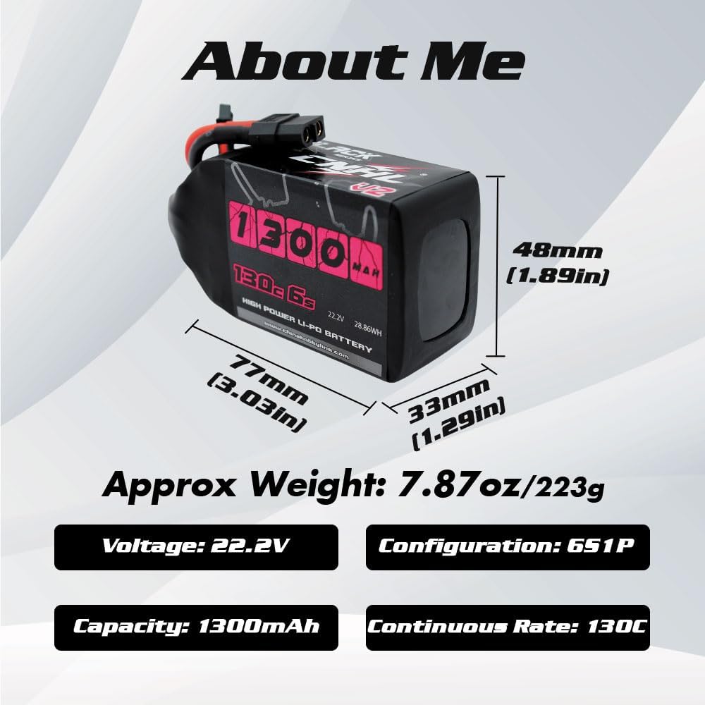 CNHL 1300mAh 130C 6s Lipo Battery 22.2V with XT60 Plug for FPV Drone Racing RC Quadcopter Helicopter Airplane(2 Packs)