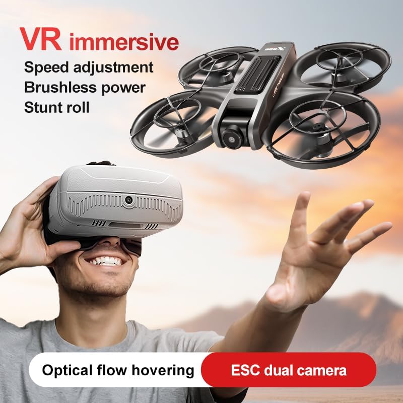 VR FPV Hobby Drone with VR Goggles, One Key Takeoff/Landing, APP Control, Brushless Motor, Dual Batteries, Beginner-Friendly Quadcopter with Propeller Guards, Altitude Hold, Optical Flow Positioning, Dual Cameras & LED Night Lights, a first-person view