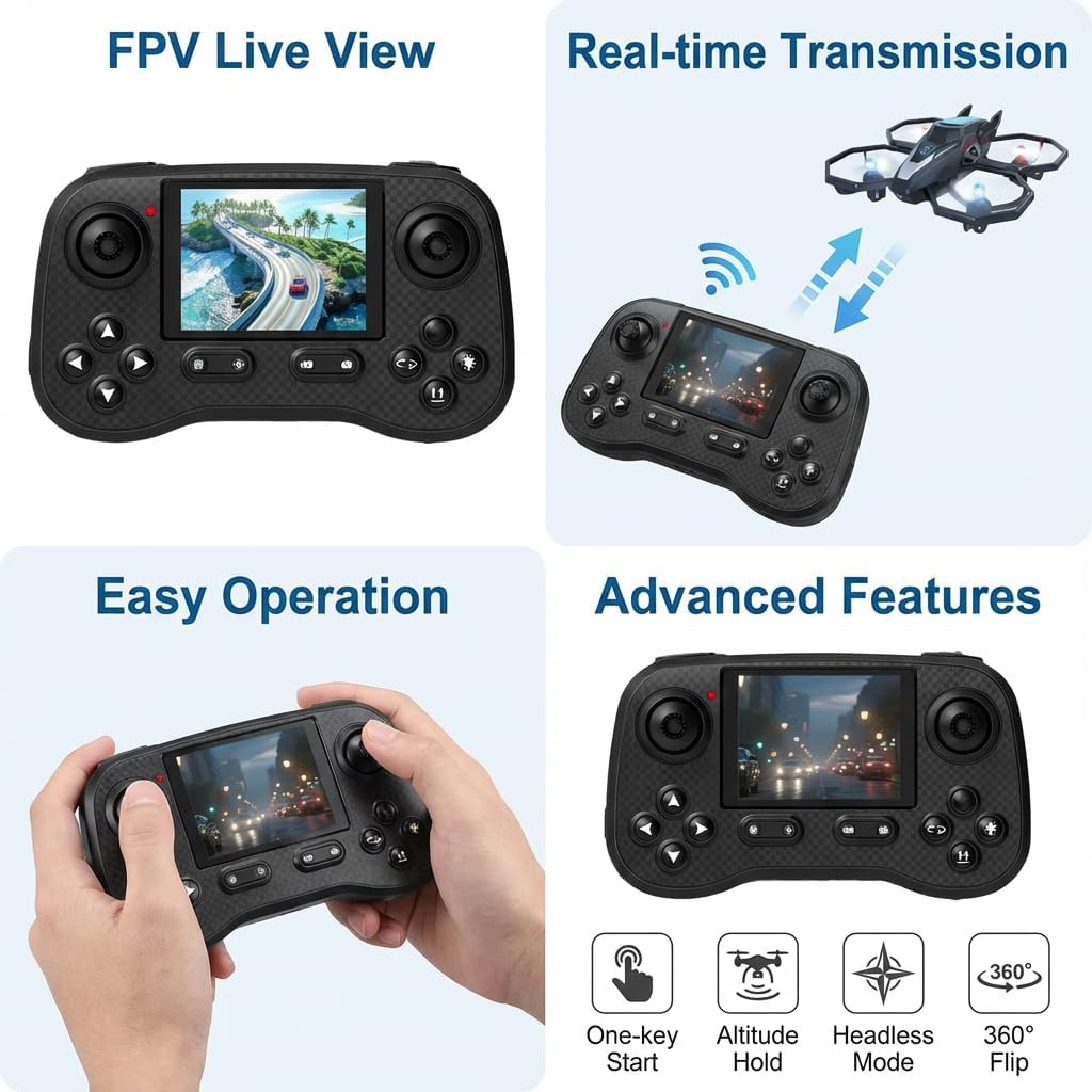 D79Pro FPV Drone with Screen Controller, Crossing drones, Altitude Hold, One Key Take Off/Landing, Active Obstacle Avoidance,360 Degree Flip, Two-batteries. (Black-2 batteries)