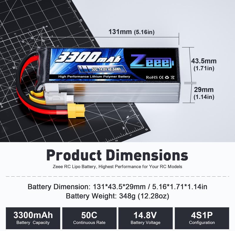 Zeee 14.8V 4S Lipo Battery 50C 3300mAh Soft Case Battery with XT60 Plug for RC Airplane Helicopter RC Boat UAV Drone FPV RC Car Truck Boat(2 Packs)