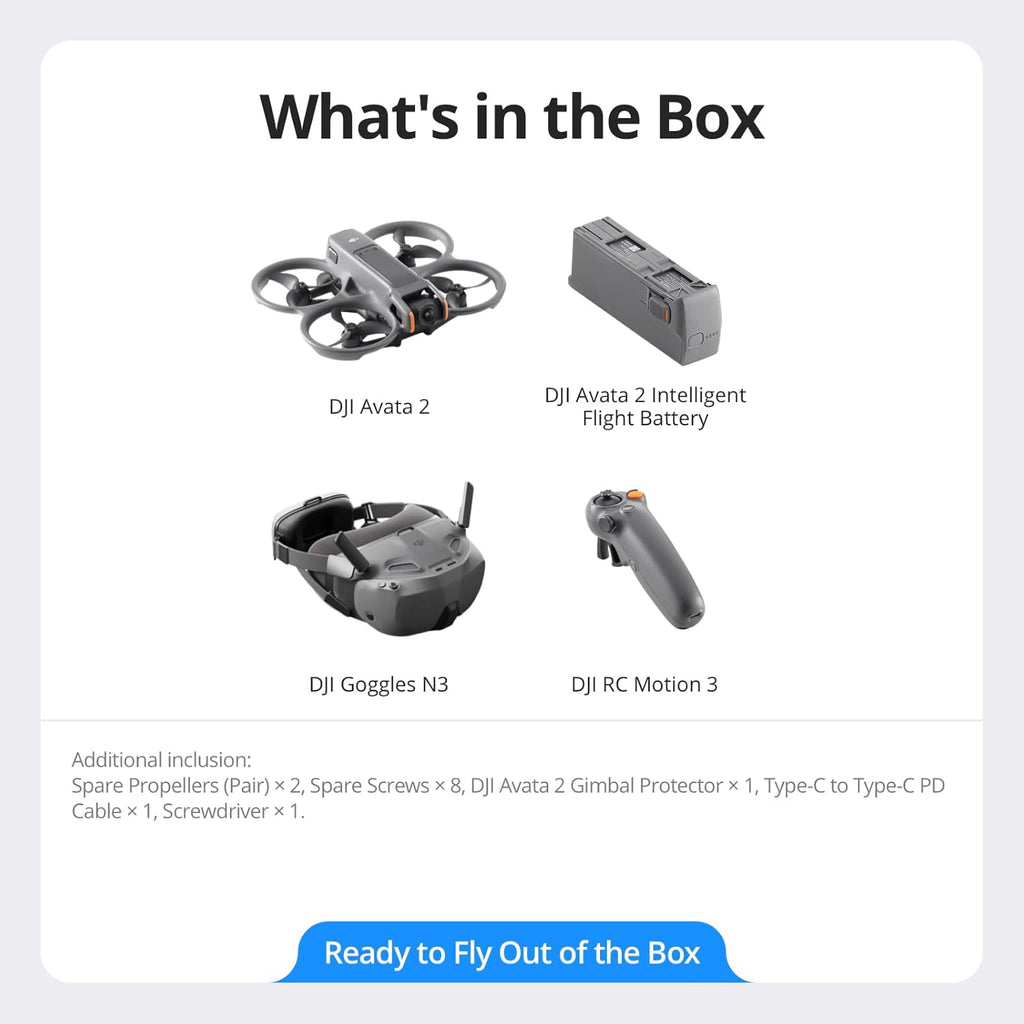 DJI Avata 2 Fly Smart Combo (Single Battery), FPV Drone with Camera 4K, Immersive Experience, One-Push Acrobatics, Built-in Propeller Guard, 155¡ã FOV, Camera Drone with Goggles N3 and RC Motion 3