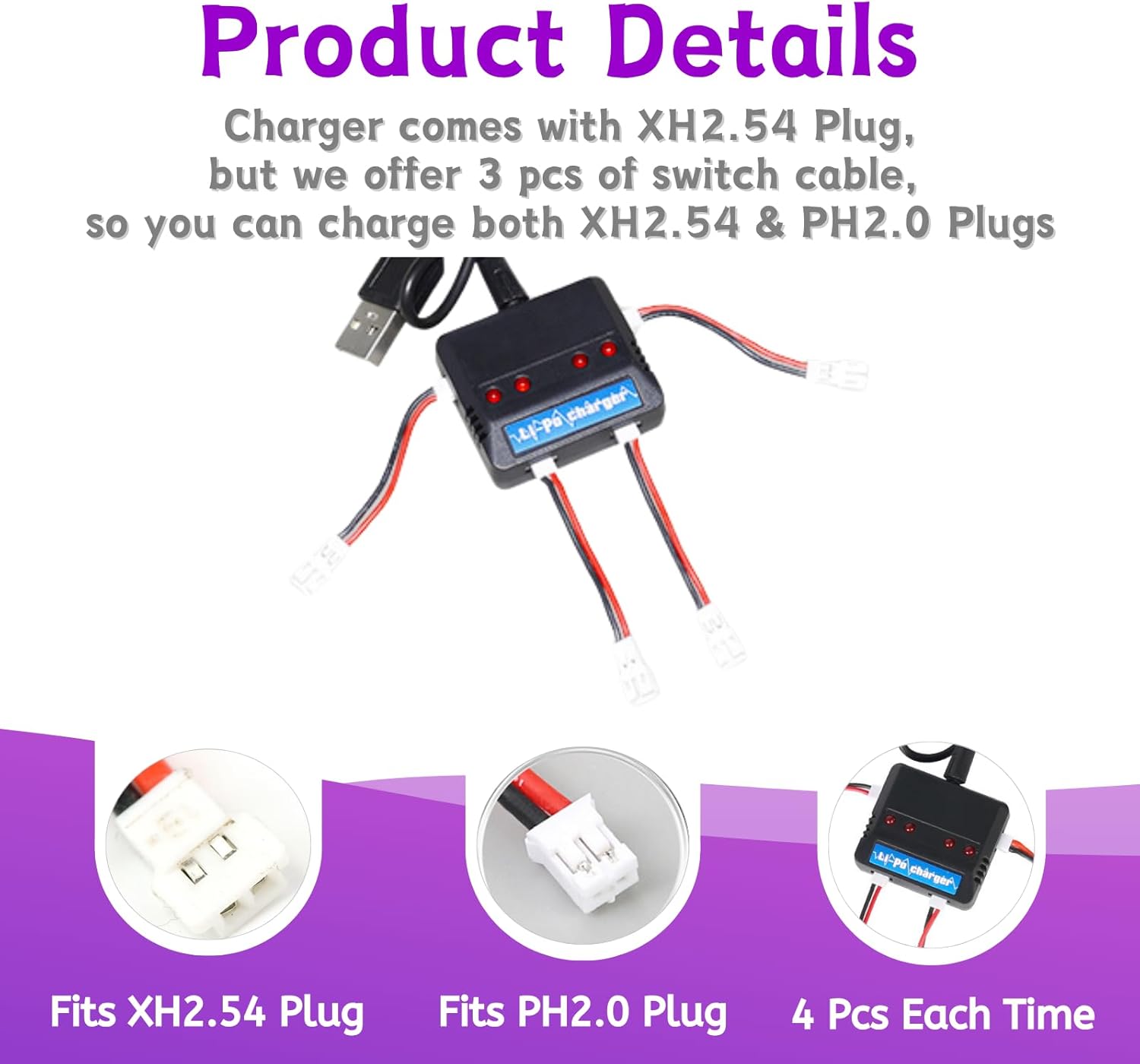3.7V 800mAh 25C Molex/XH2.54 Plug 802540 Rechargeable LiPo Batteries,Fit for Q9S Drones Force1 UFO Syma X5 X5SW X5C X5C1 Hengqi 905 Cheerson CX-30 BEZGAR HQ053/HQ051 RC Quadcopter with 4 in 1 Charger