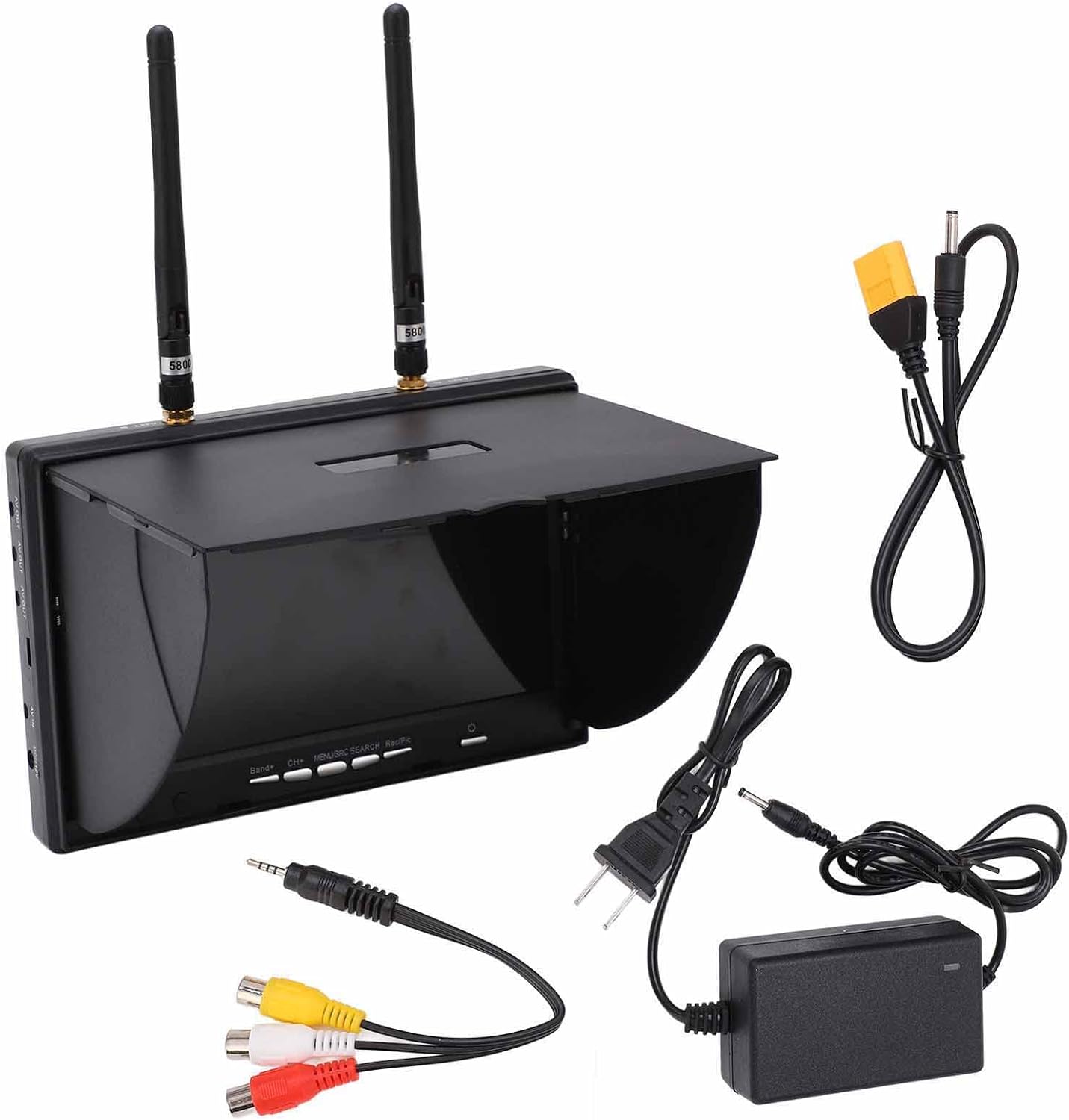 5.8Ghz FPV Receiver Monitor 7 Inch, Dual Diversity Receiver with 40 Channels Auto-Scan, 800x480 Resolution 600cd/m2 Brightness LCD Screen for FPV Drone Racing and Outdoor Monitoring