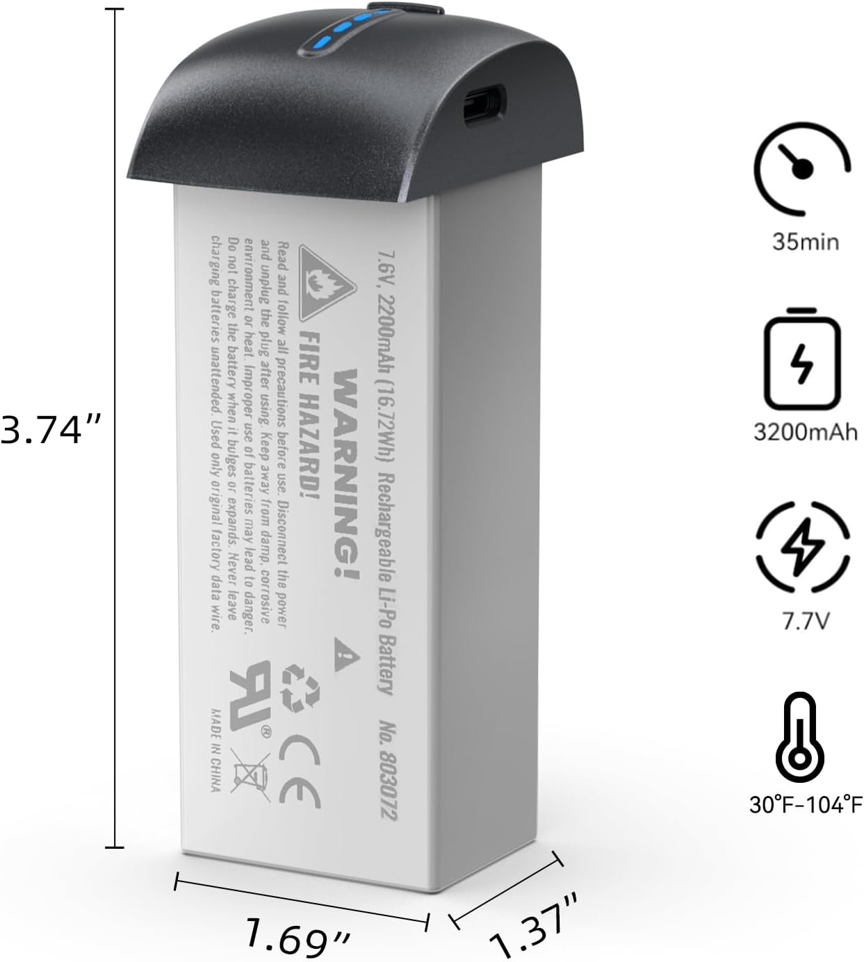 Bwine Original Battery for Drone F7GIM, 7.7V 3200mAh Rechargeable Lithium Battery with Type-C Cable, Support PD & QC 3.0 Fast Charging, Dark Grey