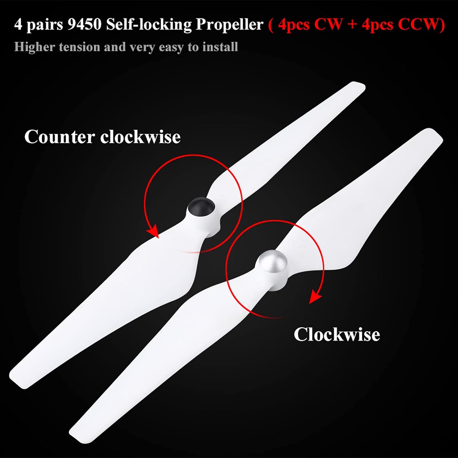Drone Propeller Blades, 4 Pairs 9450 Self Tightening Drone Propeller CWandCCW Propellers, Low NoiseReduction Props Replacement Part Blade forDJI Phantom 2/3(White)