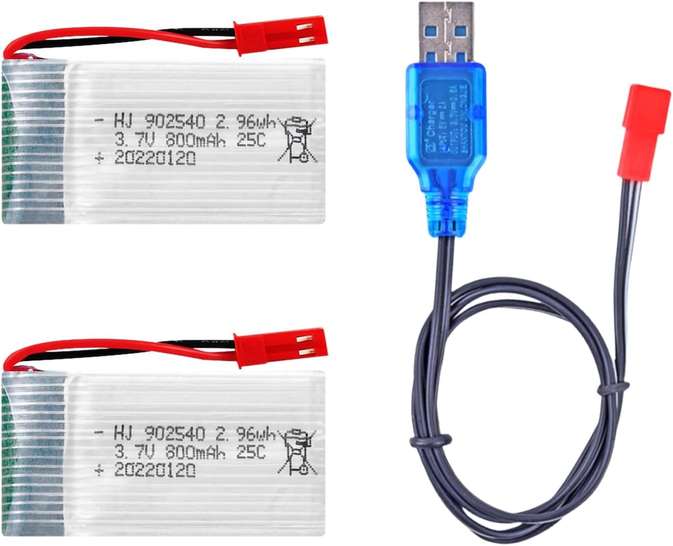 2 Pcs 3.7V 800mAh 25C 902540 Rechargeable Lipo Battery JST Plug with USB Charger for X56W X400 X400W X300C X400C X800 HS110 HS200 S670 V950hd S1750 V2450 X500 HJ818H J819S RC Quadcopter