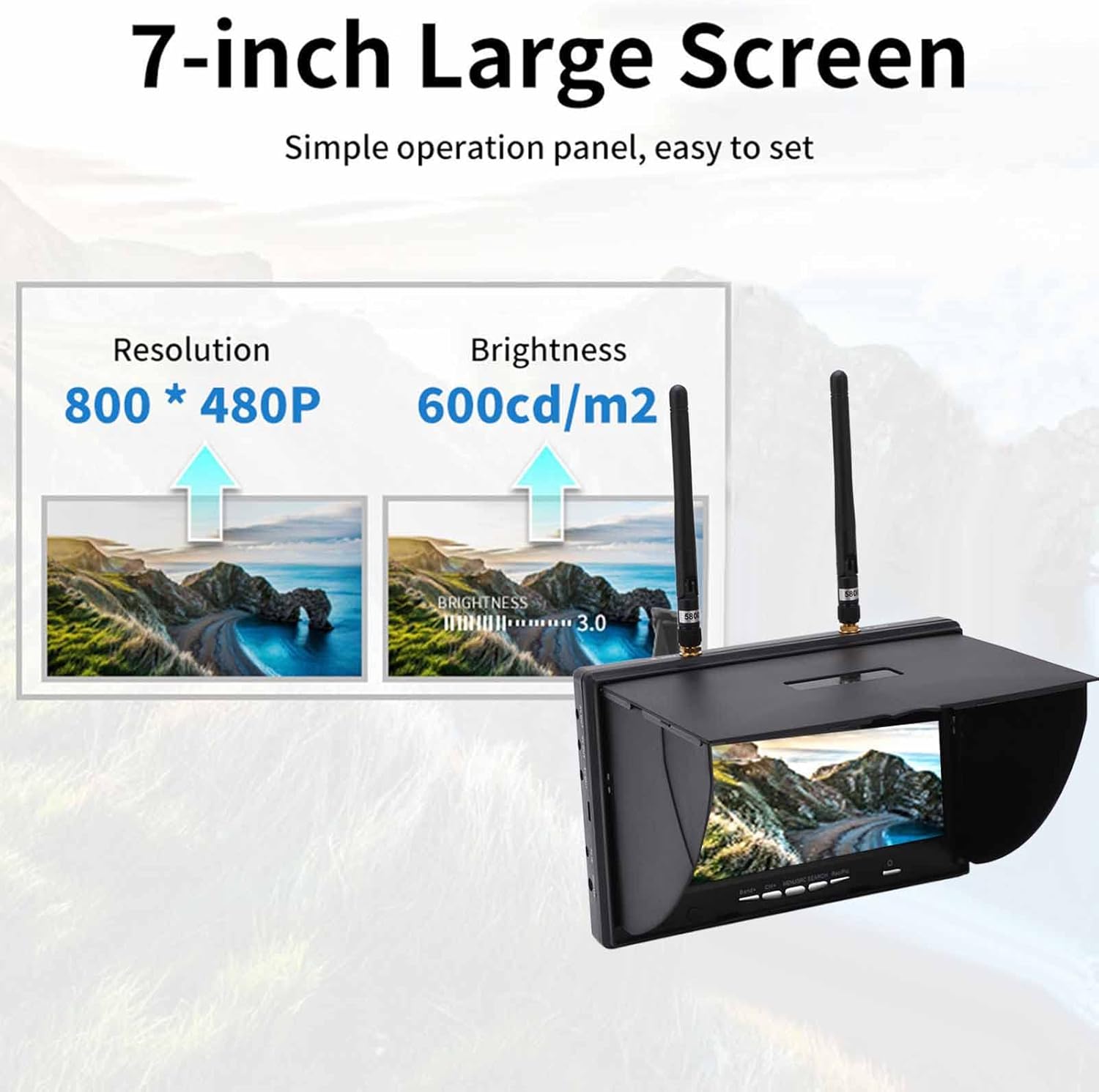 5.8Ghz FPV Receiver Monitor 7 Inch, Dual Diversity Receiver with 40 Channels Auto-Scan, 800x480 Resolution 600cd/m2 Brightness LCD Screen for FPV Drone Racing and Outdoor Monitoring