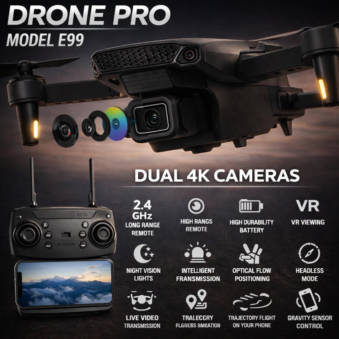 Mini E99 Pro RC Drone with Dual Camera, WiFi FPV, Foldable Design, Brushless Motor, Remote Control, 1 Rechargeable Batteries ¨C Electronic Camera Drone