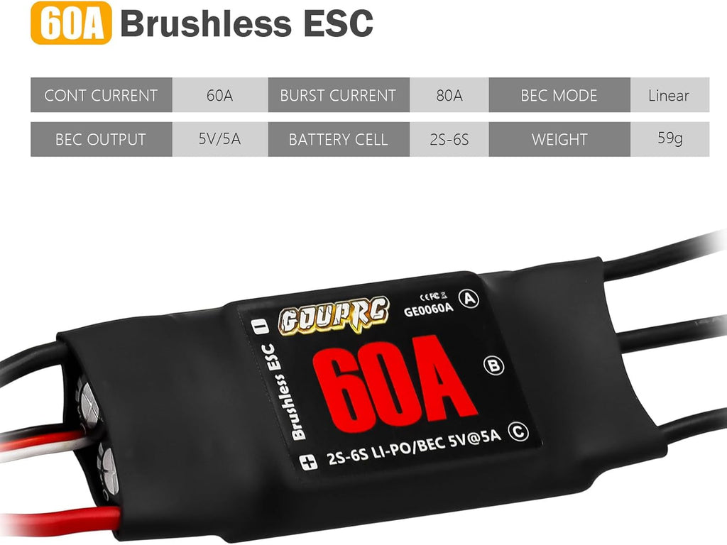 GOUPRC 60A Brushless ESC 2-6S Speed Controller with 5V/7A BEC & XT60 Plugs for Drone RC Helicopter Airplane Fixed Wing DIY RC Multi-axis Aircraft