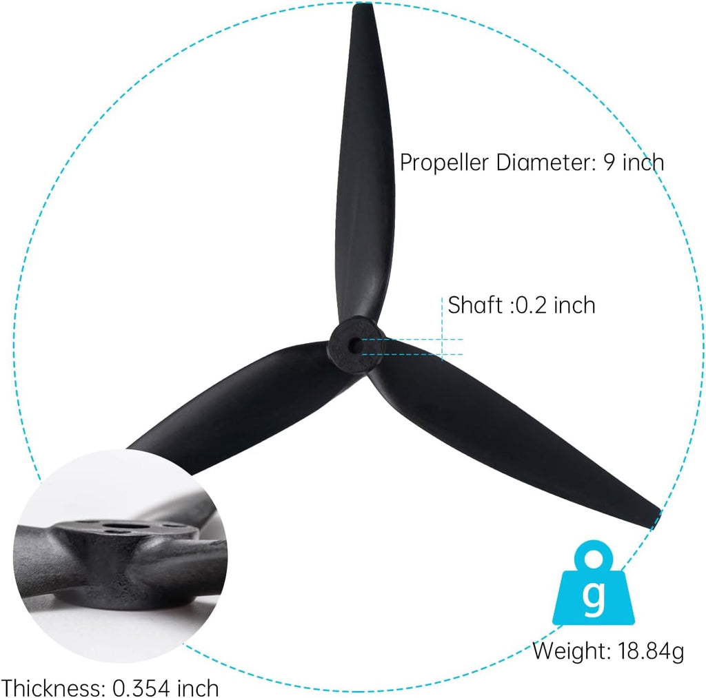 9-Inch Glass Fiber Nylon Propellers, 3-Blade Props for Cinelifter FPV Drones, Black (4 pcs - 2 CW, 2 CCW)