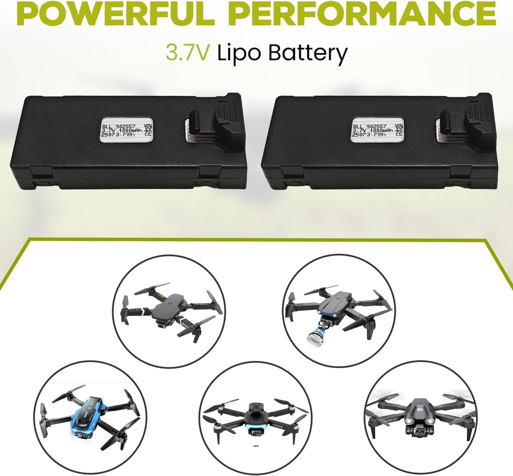 sea jump 2PCS 3.7V 1000mAh Lipo Battery Suitable for E88 E88MAX E99 E99MAX BD101 P15PRO P8 A13 A15 K10MAX RC Drone, Aerial Quadcopters High-Capacity Battery Spare Parts