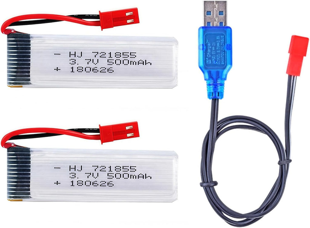 2 Pcs 3.7V 500mAh 25C 721855 JST Plug Rechargeable Lipo Battery with 1S USB Charger for UDI U818A U817A U817 U818A-1 V959 V222 V929 RC Quadcopter Drone