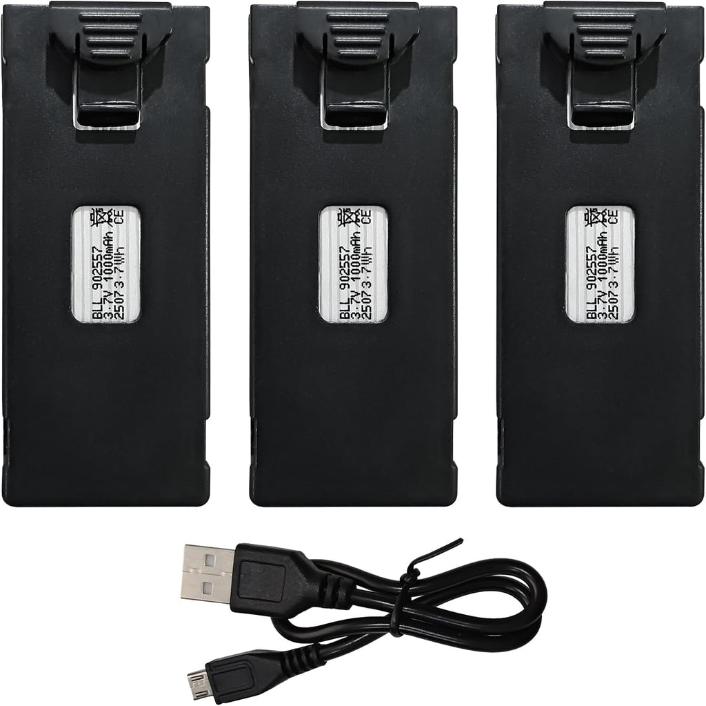 sea jump 3PCS 3.7V 1000mAh Lipo Battery with USB Charging Cable Suitable for E88 E88MAX E99 E99MAX BD101 P15PRO P8 A13 A15 K10MAX RC Drone, Aerial Quadcopters High-Capacity Battery Spare Parts