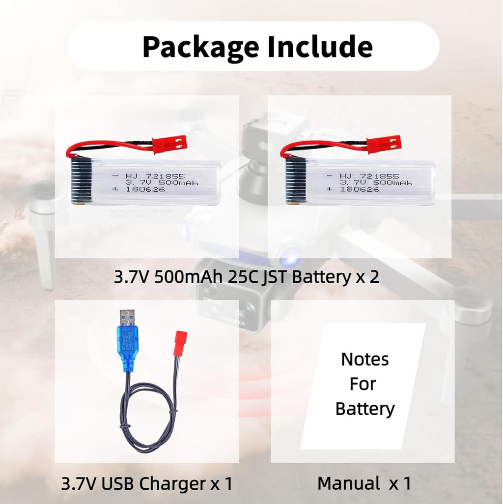 2 Pcs 3.7V 500mAh 25C 721855 JST Plug Rechargeable Lipo Battery with 1S USB Charger for UDI U818A U817A U817 U818A-1 V959 V222 V929 RC Quadcopter Drone