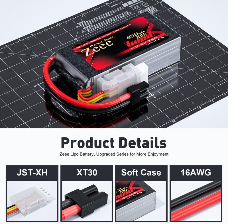 Zeee Premium Series 3S Lipo Battery 850mAh 11.1V 100C with XT30 Plug for FPV Racing Drone Quadcopter Helicopter Airplane RC Boat RC Car RC Models(2 Pack)