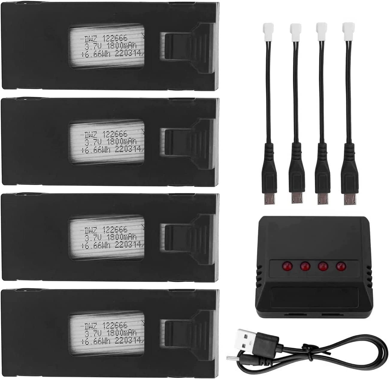 3.7V 1800mAh Li-po Batteries(4PCS) with 4-in-1 Charger for E88 E88PRO E88MAX E525 E99 E99PRO P1 P5PRO K3 S1 P8 RC Drone
