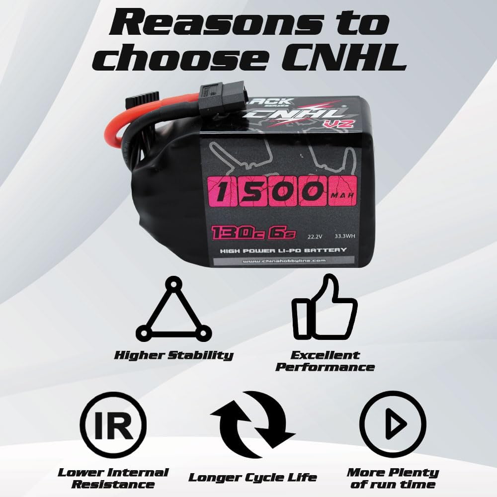 CNHL 6S Lipo Battery 1500mAh 22.2V 130C with XT60 Plug for FPV Drone Racing RC Quadcopter Helicopter Airplane (2 Packs)