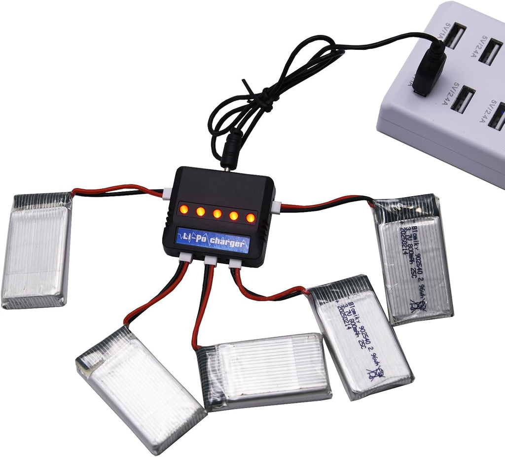 Blomiky 5 Pack 3.7V 800mAh Li-PO 25C MX2.0 Battery and 4 in 1 Board Box fit for Syma X5SW X5C-1 X5 X5C X5SC H42 T5W H5C CW4 SS40 FQ36 and V931 T32 S5C S5W 4-Axis RC Drone Aircraft / 3.7V 800mAh *5