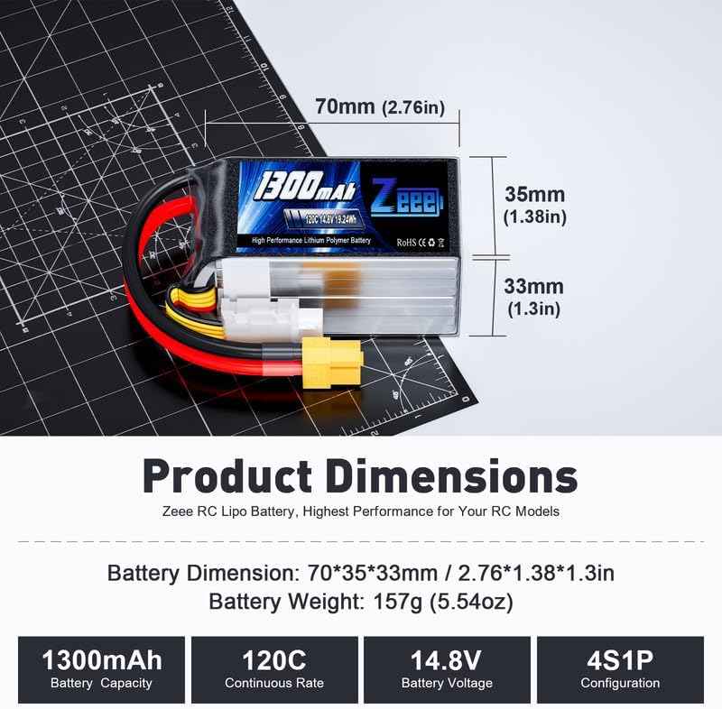 Zeee 14.8V 120C 1300mAh 4S RC Lipo Battery Graphene Battery with XT60 Plug for FPV Racing Drone Quadcopter Helicopter Airplane RC Boat RC Car RC Models(2 Pack)