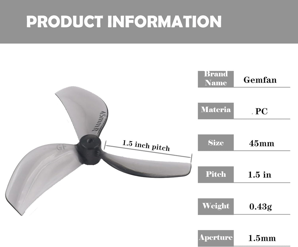 RC Propeller Gemfan 45mm 3-Blade Propeller Props with 1.5mm Shaft Hole for RC FPV Whoop Drone Freestyle Quadcopter 8CW 8CCW(Grey+Blue)