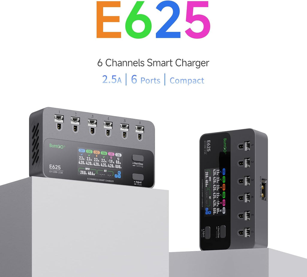 ISDT E625 6-Channel 1S LiHV/LiPo Battery IPS Screen Smart Charger/Discharger, Type-C/XT60 PD Powered with BT2.0/PH2.0 Ports, Features 4.35V 2.5A Fast Charging for Tiny Whoop FPV Drones RC Batteries