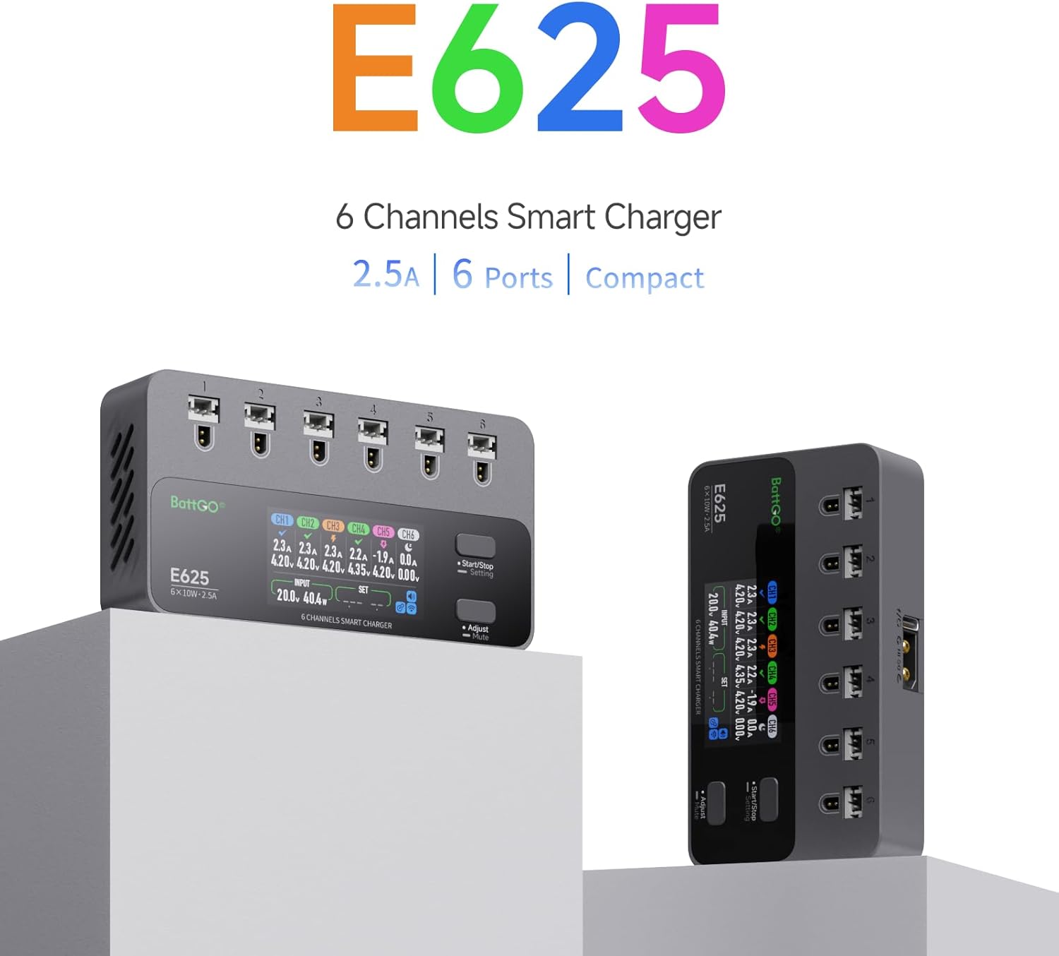 ISDT E625 6-Channel 1S LiHV/LiPo Battery IPS Screen Smart Charger/Discharger, Type-C/XT60 PD Powered with BT2.0/PH2.0 Ports, Features 4.35V 2.5A Fast Charging for Tiny Whoop FPV Drones RC Batteries