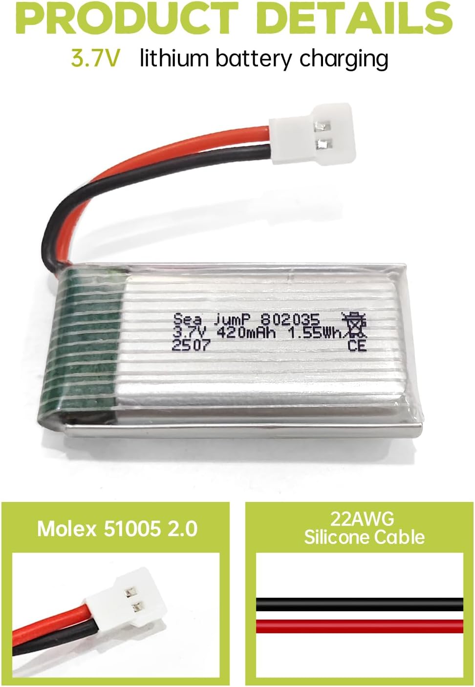 sea jump 6PCS 3.7V Lipo Battery 420mAh 25C with 6in1 Charger Molex Plug Compatible with Most RC Drone Quadcopters, Aerial Drones, Gliders, Robot Batteries
