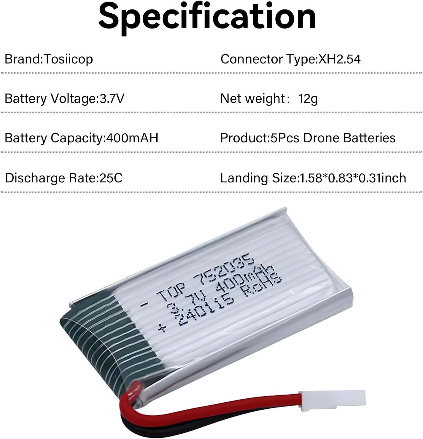 3.7V 400Mah Lipo Battery - 5Pcs Drone Batteries with 5-in-1 USB Charger for Syma Q11 H99W H31 H6C H98 TR-C385 TR-P51 TR-F22 Quadcopter Parts Aircraft Drones Lithium Battery Rechargeable AT-96