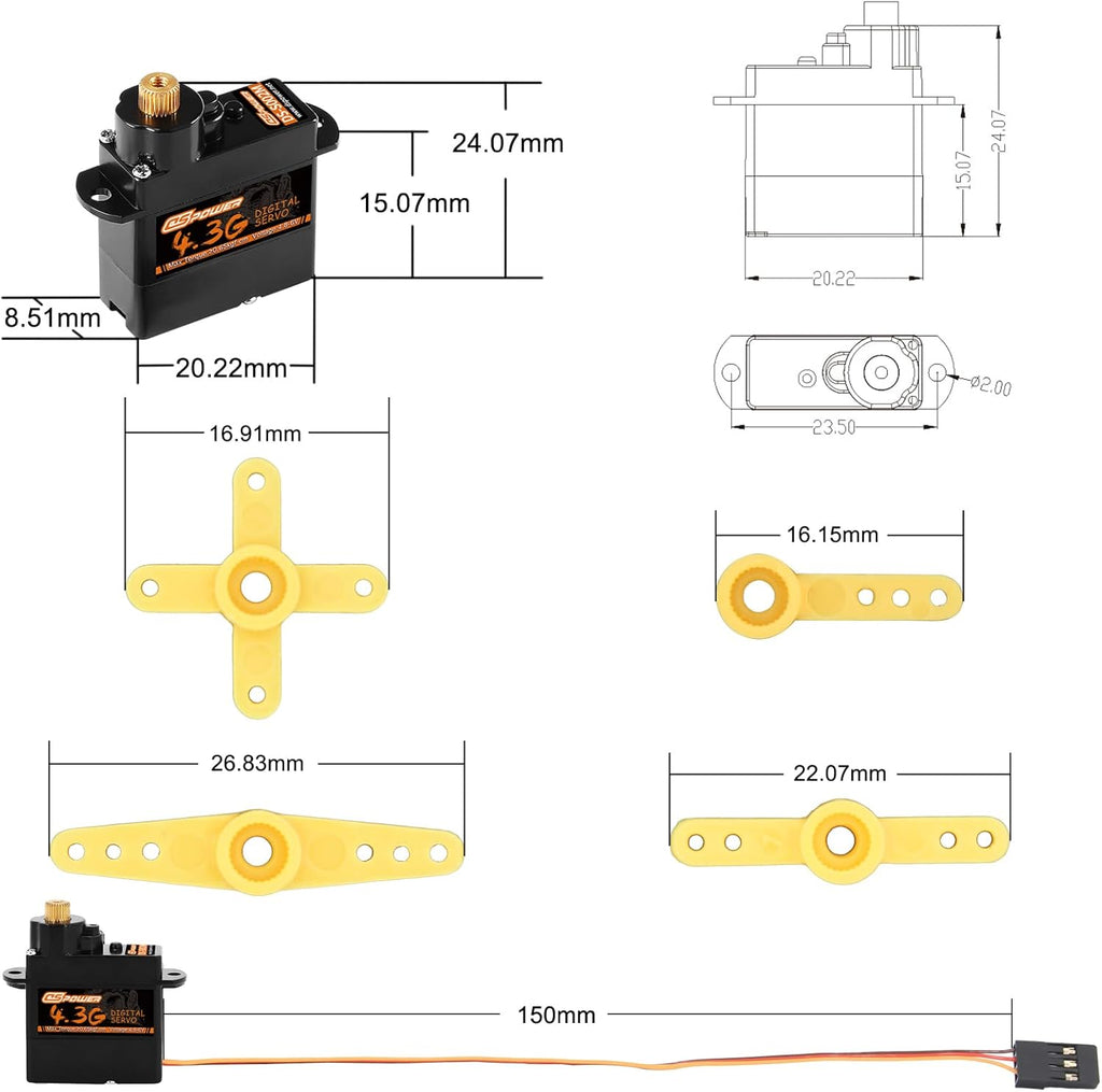 2PCS 4.3G Mini Servo, RC Micro Digital Servo Motor Metal Gear Coreless Steering Servos for Fixed-Wing Helicopter Airplane Drone 1/24 1/28 RC Car SCX24 Boat Robot Toy