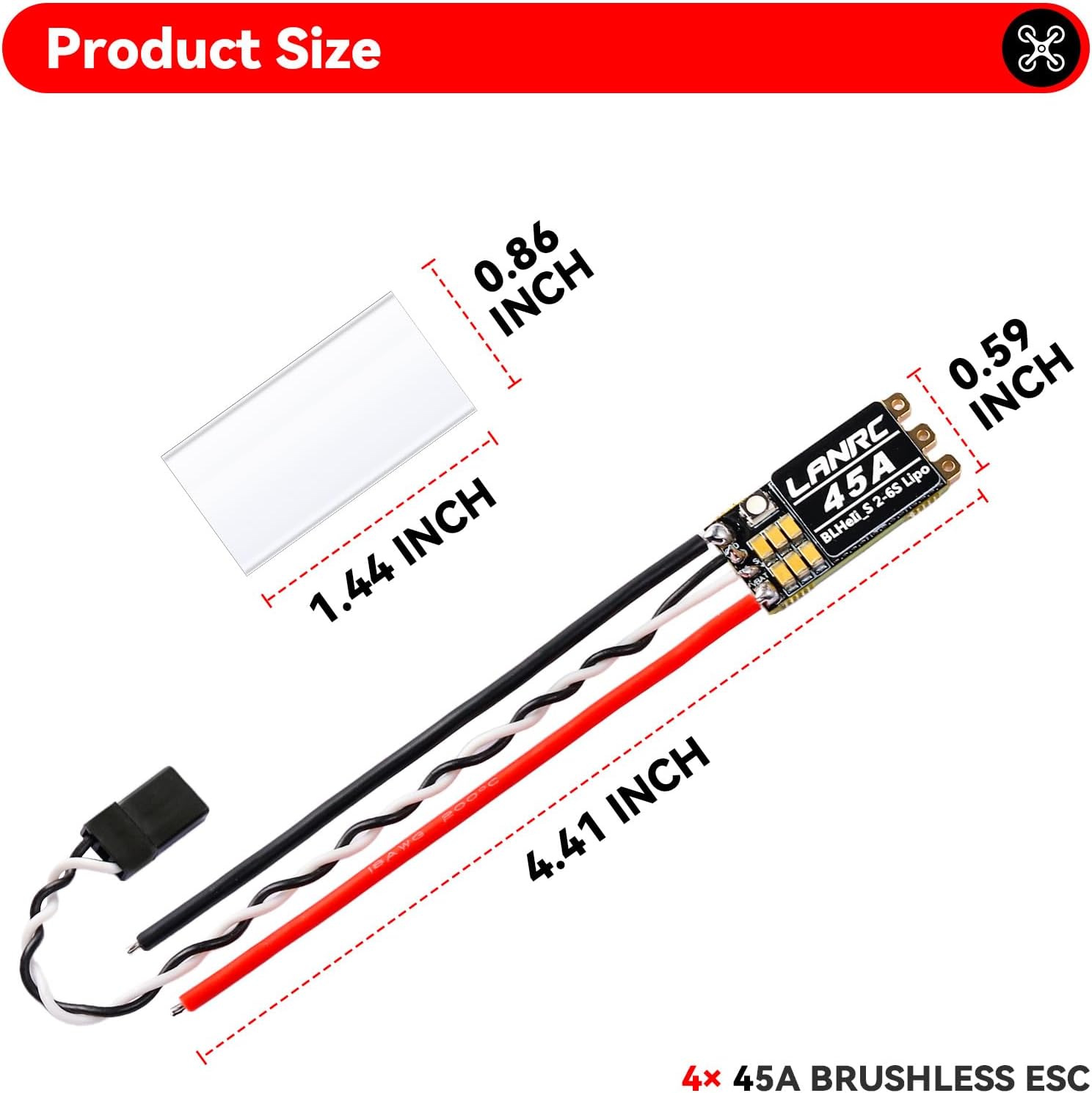 HNYYZL 4Pcs 45A ESC 2-6S Brushless ESC Lipo BLHeli_S Brushless Electronic Speed Controller 45A RGB LED Damped Light Support D-Shot 150/300/600 for RC FPV Quadcopter