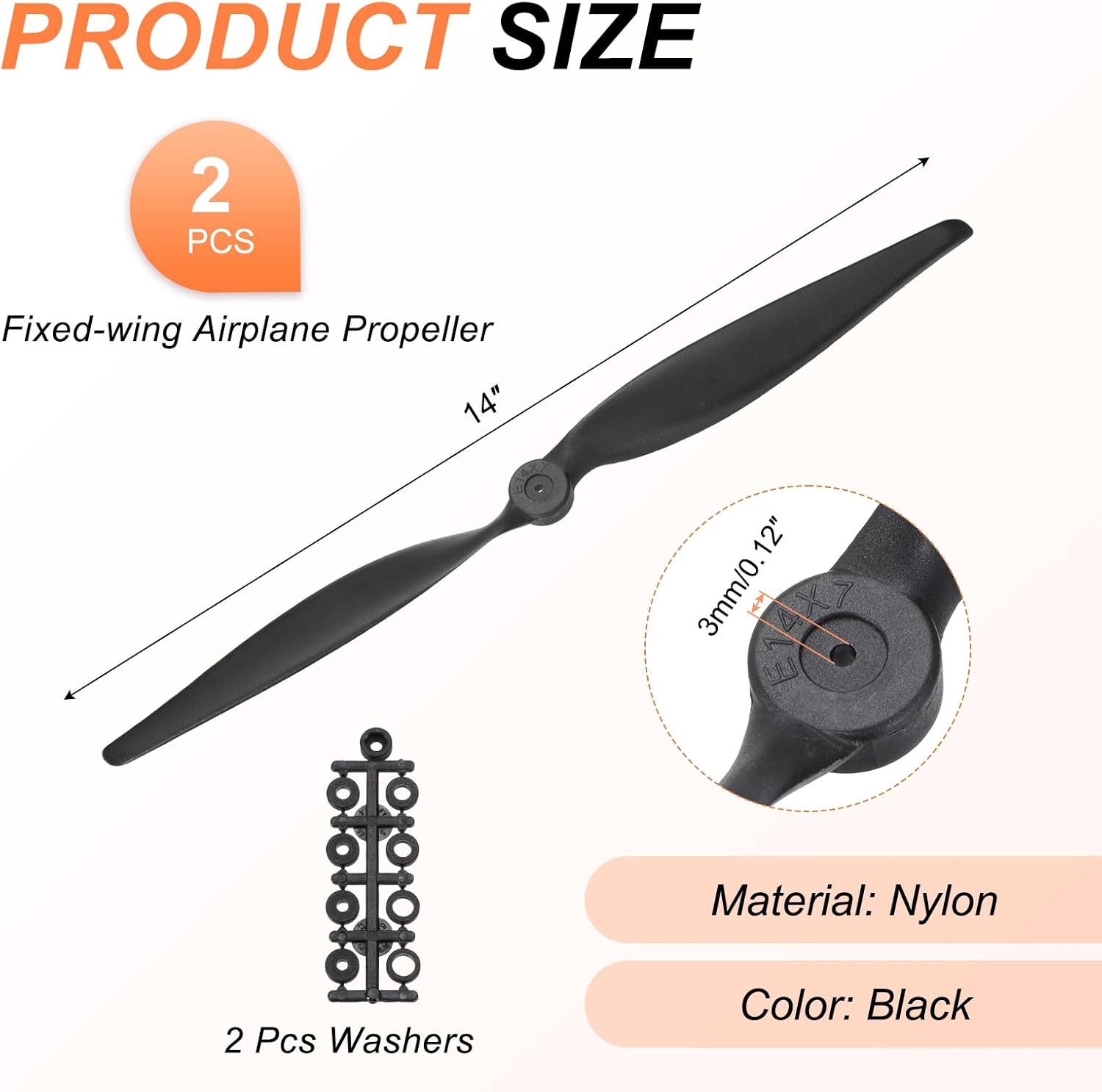 MECCANIXITY 3 Pcs 14x7 Inch Propeller RC Propellers 2-Vane Blades Props with Washer for RC Airplane Aircraft Prop Controlled Airplanes Lightweight Drones, Black