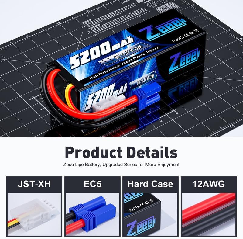Zeee 3S Lipo Battery 5200mAh 11.1V 80C Hard Case RC Lipo with EC5 Connector for 1/5 1/8 1/10 RC Car Boat Truck Heli Airplane UAV Drone FPV Racing Models(2 Packs)