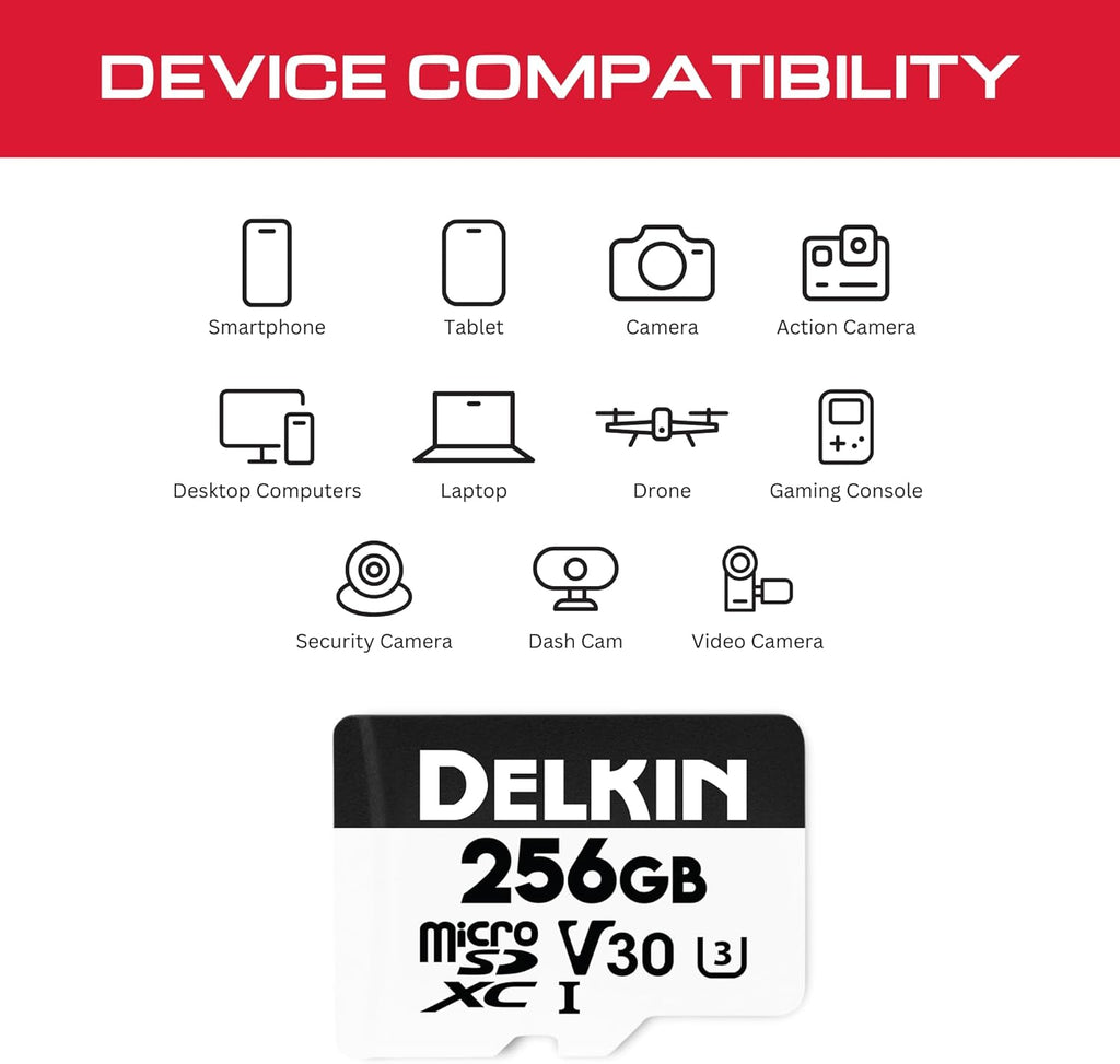 Delkin Devices 256GB microSD Card (100MB/s) + Rugged CFexpress/SD/microSD Storage Tote ¨C High-Speed Memory Card + Weather-Resistant Case Bundle for Cameras, Drones & Action Cameras