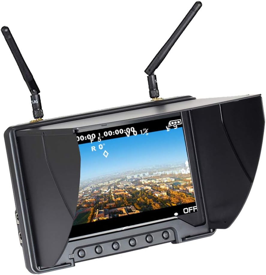Black Pearl Diversity Monitor RC801 FPV Monitor with DVR 5.8Ghz 40CH 7inch FPV Screen Receiver Built in Battery with Sunshade Hood for RC Racing Drone DJI Phantom Airplane (SMA ANT)