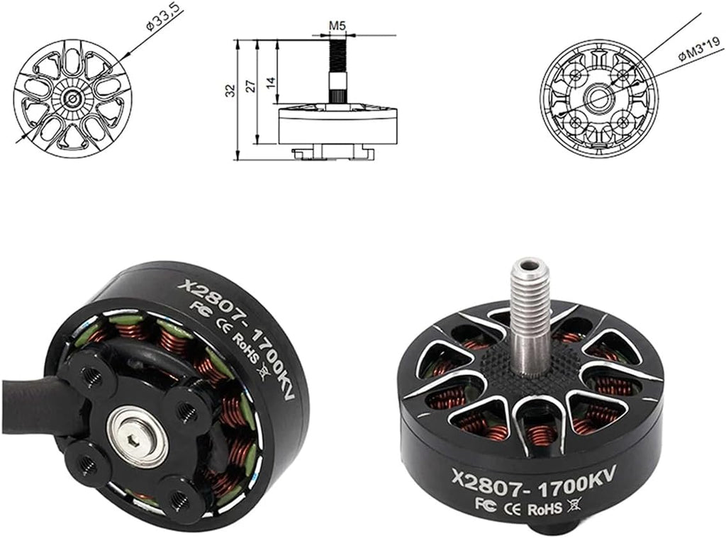 DYS 4pcs X2807 1300KV 1500KV 1700KV Brushless Motor 6S for 7inch Long Range FPV Racing Drone Freestyle FPV Drone Quadcopter Motor (X2807 1700KV 4PCS)