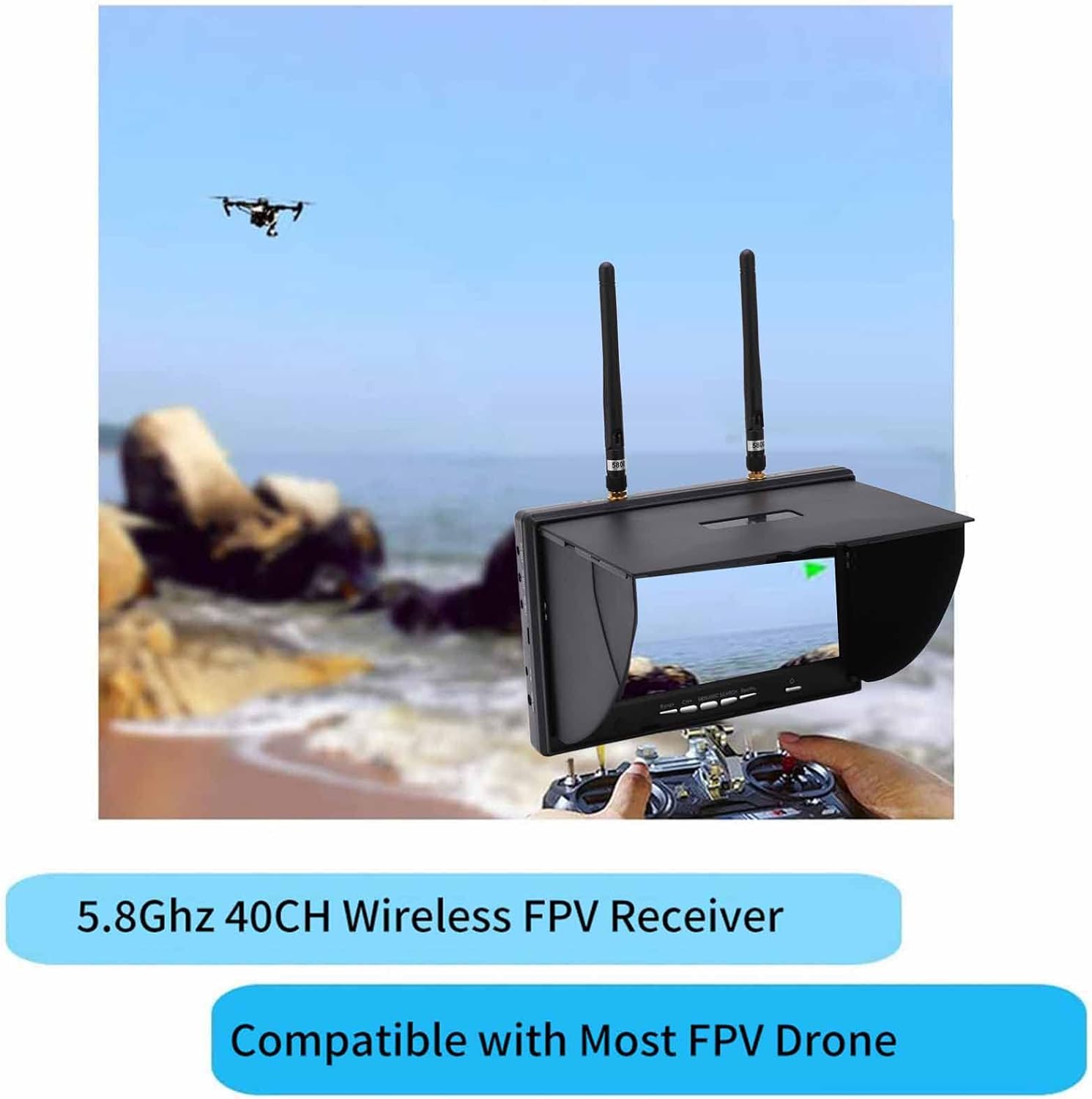 5.8Ghz FPV Receiver Monitor 7 Inch, Dual Diversity Receiver with 40 Channels Auto-Scan, 800x480 Resolution 600cd/m2 Brightness LCD Screen for FPV Drone Racing and Outdoor Monitoring