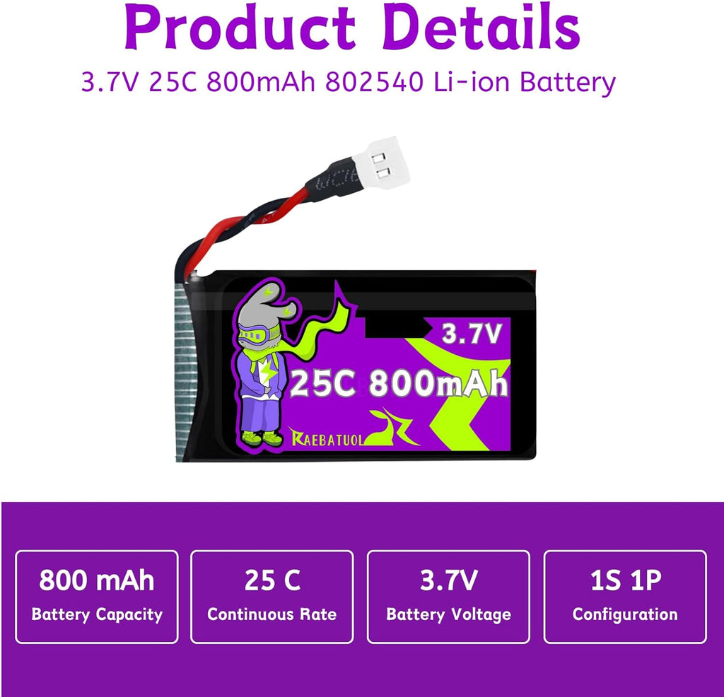 3.7V 800mAh 25C Molex/XH2.54 Plug 802540 Rechargeable LiPo Batteries,Fit for Q9S Drones Force1 UFO Syma X5 X5SW X5C X5C1 Hengqi 905 Cheerson CX-30 BEZGAR HQ053/HQ051 RC Quadcopter with 4 in 1 Charger