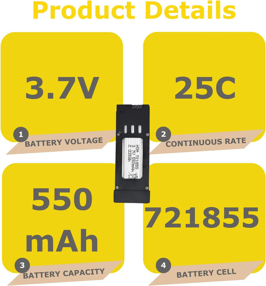 5 pcs 550mAh 25C 721855 Case Protected Lipo Batteries Compatible with E58 L800 JY019 S168 3.7V WiFi Mini FPV Quadcopter RC Drone