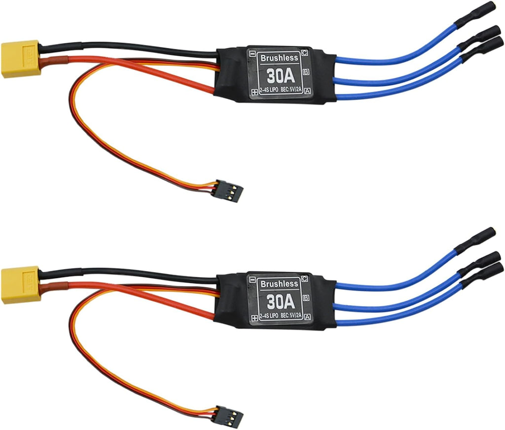 30A Electric Brushless Motor Controller, 2 Pcs ESC Speed Controller with XT60 and 3.5mm Bullet Plugs for RC Drone RC Airplane Helicopter (30A)