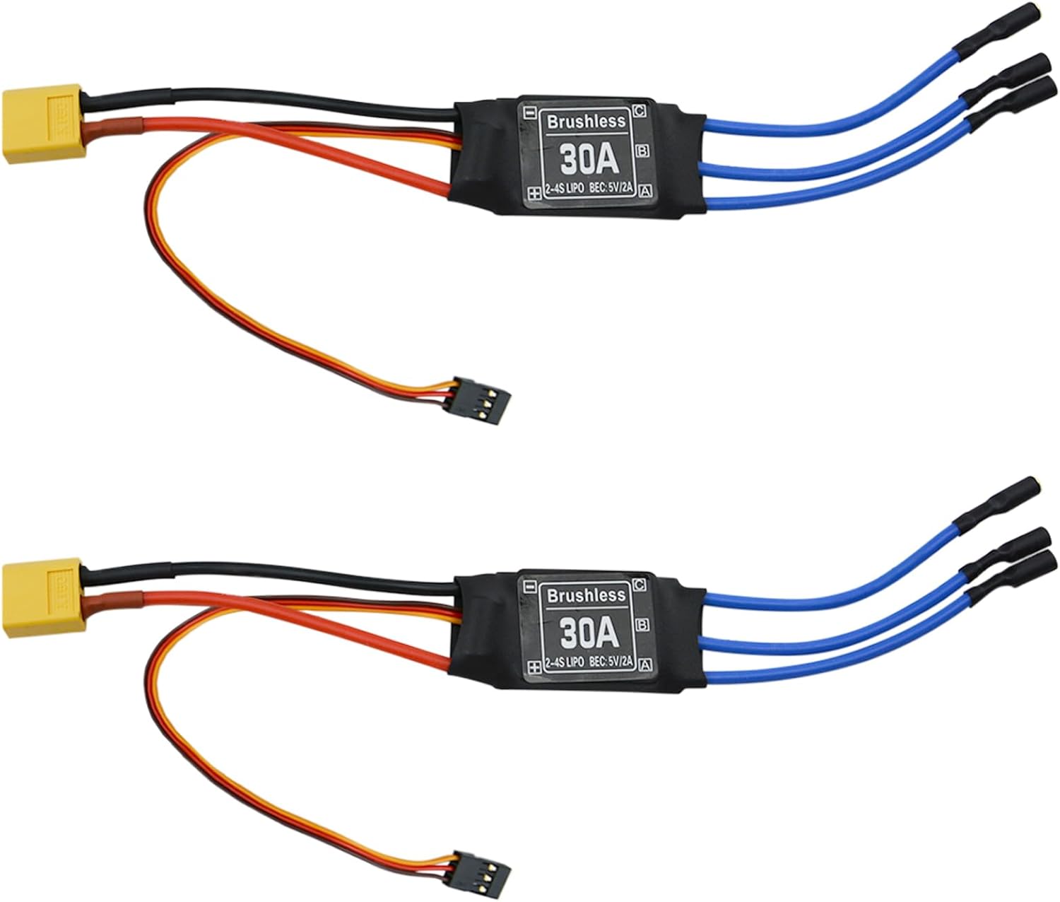 30A Electric Brushless Motor Controller, 2 Pcs ESC Speed Controller with XT60 and 3.5mm Bullet Plugs for RC Drone RC Airplane Helicopter (30A)