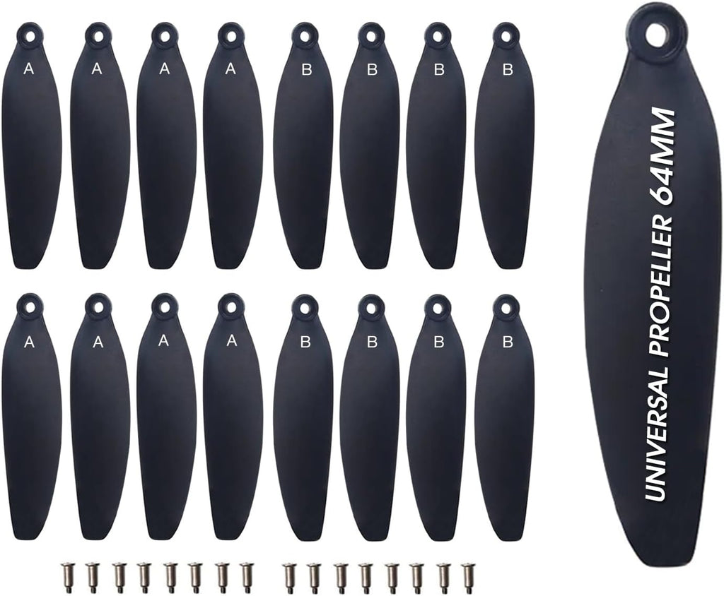 Universal 64mm/2.52In Drone Propellers for S2S, S136,S814,S162 Models - Replacement Drone Accessories with Stable and Low-Noise Operation, Easy Installation and Removal,16-Pack (Black)