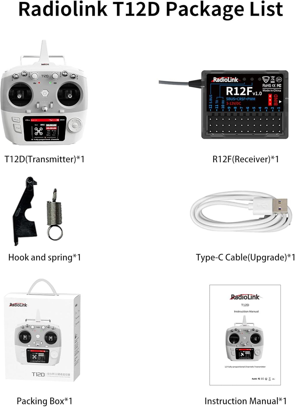Radiolink T12D 12CH 2.4G RC Transmitter R12F Receiver, Supports ELRS/Crossfire Long Range Modules, 50 Models Storage, 4km Long Range RC Remote Controller for RC Airplane, Drone, Crawler, Car, Boats