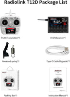 Radiolink T12D 12CH 2.4G RC Transmitter R12F Receiver, Supports ELRS/Crossfire Long Range Modules, 50 Models Storage, 4km Long Range RC Remote Controller for RC Airplane, Drone, Crawler, Car, Boats